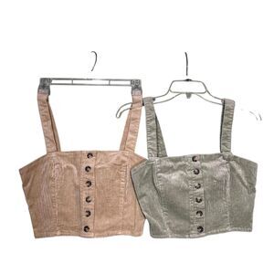 Forever 21 Crop Top Womens Small Tan Sage Corduroy Button Front Back Zip Lot 2